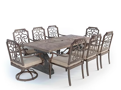 Vintage Dining Table And Chairs Set With Carved Backrests And Upholstered Seats 3d model