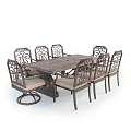 Vintage Dining Table And Chairs Set With Carved Backrests And Upholstered Seats