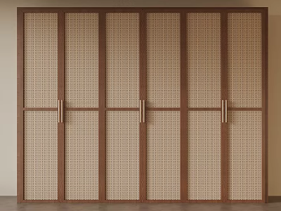 Wooden Sliding Doors With Rattan Panels And Metal Handles In Modern Home Interior 3d model