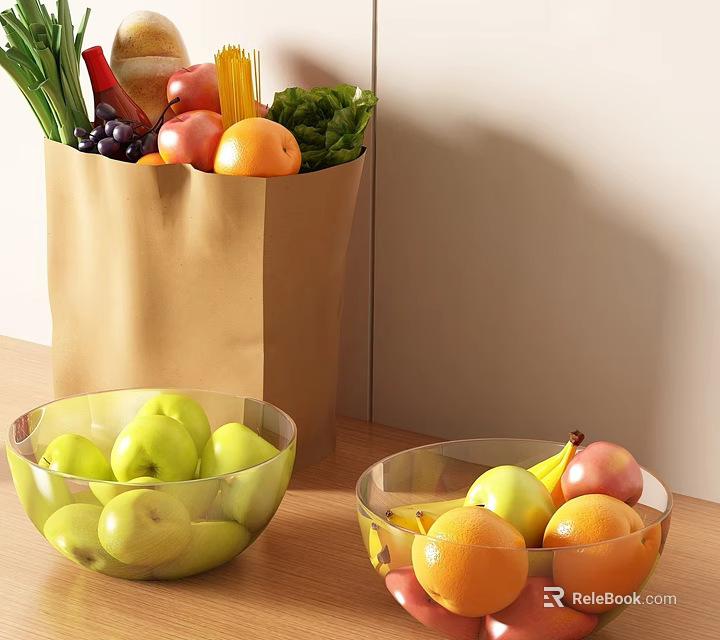 Fresh Fruits with Green Apples Oranges Bananas Grapes in Brown Paper Bag and Glass Bowls 3d model 