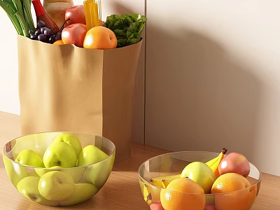 Fresh Fruits with Green Apples Oranges Bananas Grapes in Brown Paper Bag and Glass Bowls 3d model