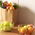Fresh Fruits with Green Apples Oranges Bananas Grapes in Brown Paper Bag and Glass Bowls
