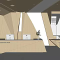 Modern Office Lobby With Wooden Geometric Reception Desk Two Computers And Hanging Lights