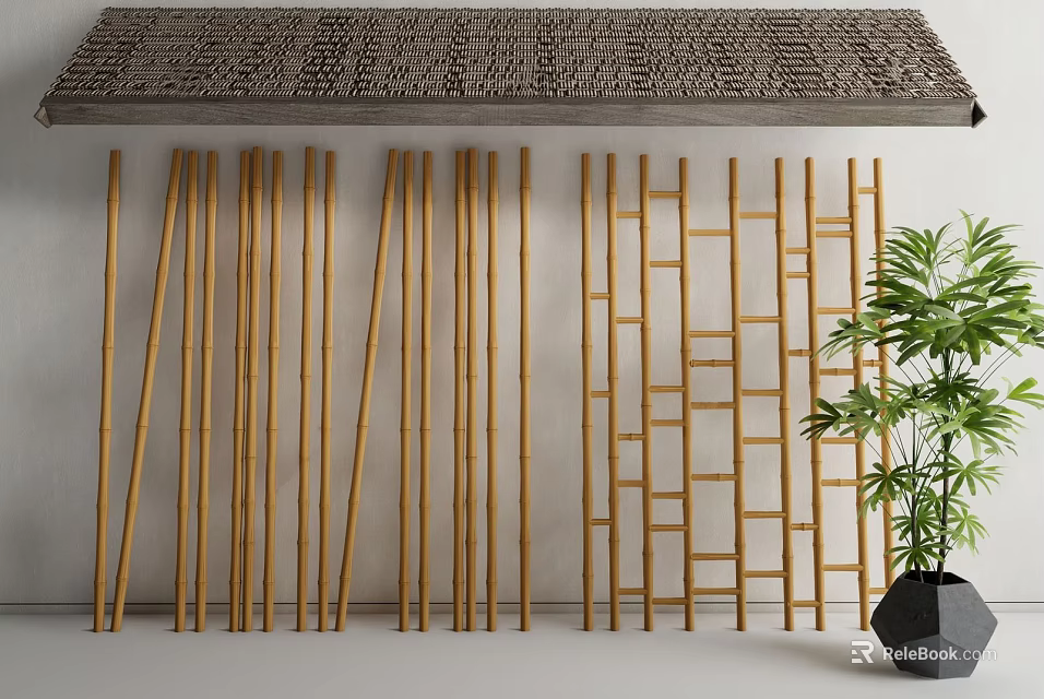 Stone Roof and Wooden Partition Screens with Vertical Strips Lattice Design and Green Plant 3d model 