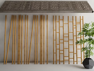 Stone Roof and Wooden Partition Screens with Vertical Strips Lattice Design and Green Plant 3d model