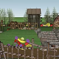 Fun Kids Playground With Wooden Slides Elevated Platform Sand Ground Trees And Orange Arches