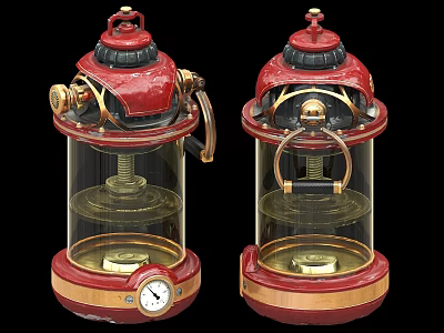 Vintage Red And Gold Lanterns With Glass Shades Metal Handles And Clock Details 3d model