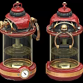 Vintage Red And Gold Lanterns With Glass Shades Metal Handles And Clock Details
