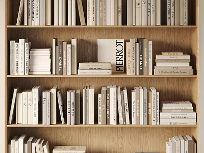 Neatly Arranged Books and Magazines on Wooden Bookshelf with Multiple Shelves 3d model