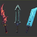 Colorful Fantasy Weapons With Spiked Red Blue And Hole Patterned Light Blue Designs
