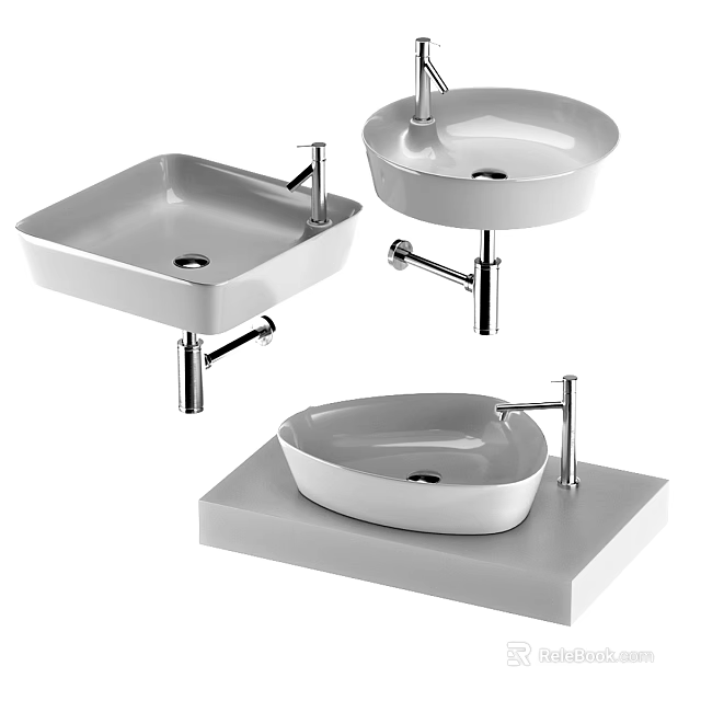 Stylish Ceramic Washbasins with Chrome Faucets Wall Mounted and Countertop Designs 3d model 