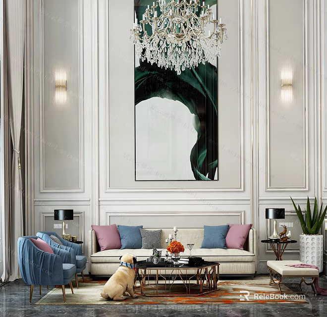 Elegant Duplex Living Room Interior With Crystal Chandelier Green Artwork And White Sofa 3d model 