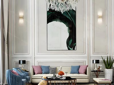 Elegant Duplex Living Room Interior With Crystal Chandelier Green Artwork And White Sofa 3d model