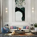 Elegant Duplex Living Room Interior With Crystal Chandelier Green Artwork And White Sofa