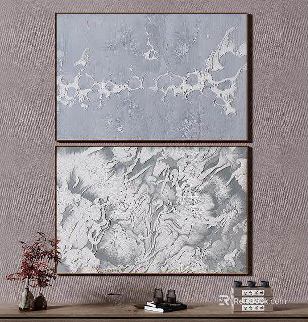 Abstract Wall Art With White Gray Textures On Gray Wall And Red Plant Decor 3d model 