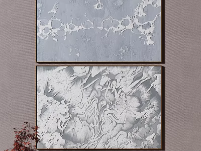 Abstract Wall Art With White Gray Textures On Gray Wall And Red Plant Decor 3d model