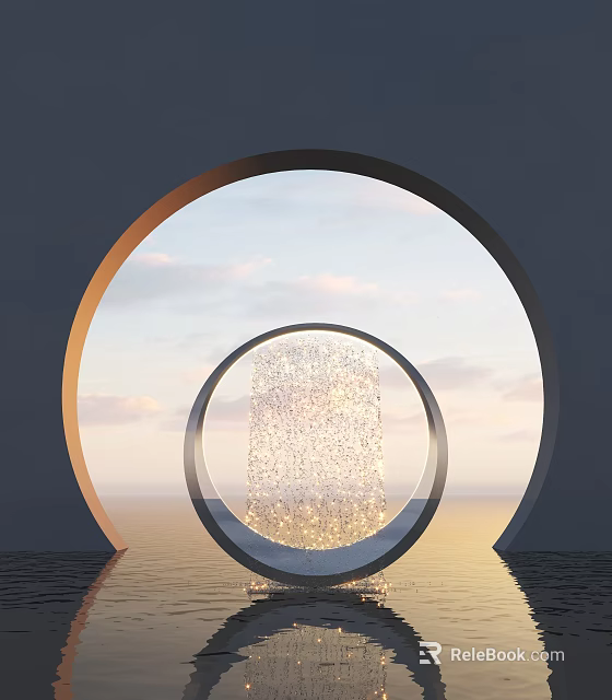 Artistic Garden Ornament Featuring Concentric Arches Crystal Curtain Sunset Sky And Sea View 3d model 