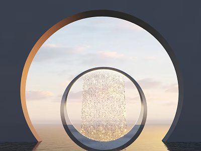 Artistic Garden Ornament Featuring Concentric Arches Crystal Curtain Sunset Sky And Sea View 3d model
