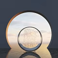 Artistic Garden Ornament Featuring Concentric Arches Crystal Curtain Sunset Sky And Sea View