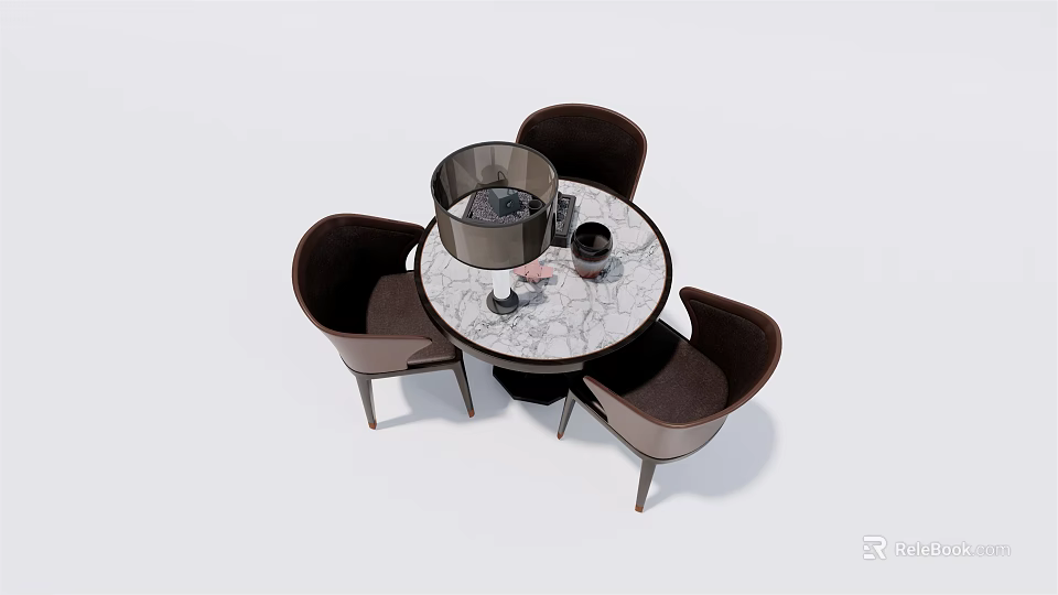 Elegant Round Marble Table Set With Four Brown Chairs And Metal Container 3d model