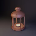 Brown Hexagonal Candle Lantern with Glass Shade and Lit Candle Inside 3d model
