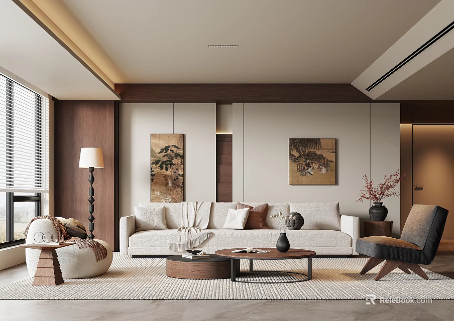 Modern Living Room Interior Design With Sofa Coffee Table Floor Lamp And Wall Paintings 3d model 