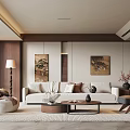 Modern Middle-ancient Style Living Room Sofa Coffee Table Combination Fabric Sofa Multi-person Sofa Leisure Chair Lazy Sofa Background Wall Floor Lamp Hanging Picture Coffee Table 3d model