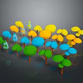 Colorful Low Poly Trees With Brown Trunks And Yellow Blue Green Orange Hues