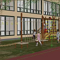 Kindergarten Outdoor Play Area with Climbing Ropes Yellow Ladders and Children Playing on Grass