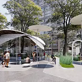 Modern Plaza Landscape with High Rise Buildings Trees Shaded Canopy Smooth Stone Pavement and People