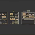 Three Vintage Metal Shelves With Books Boxes And Folded Fabrics Displayed