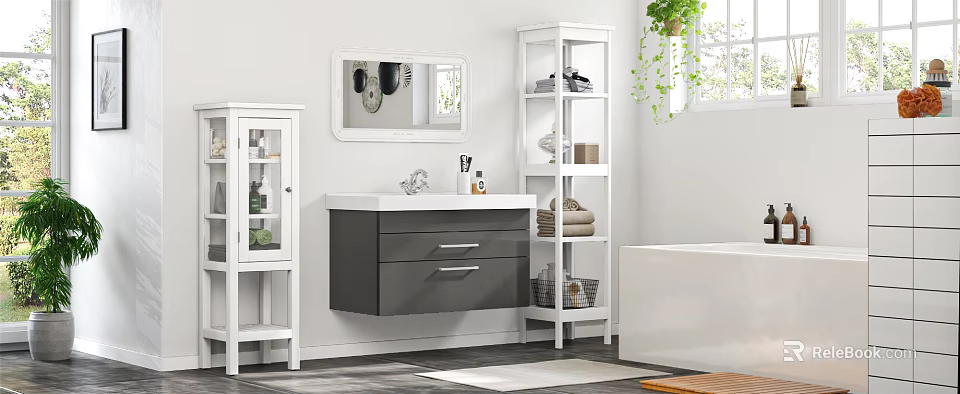 Modern Bathroom Interior With Wall Mounted Vanity Mirror White Shelves And Green Plant 3d model 