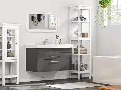 Modern Bathroom Interior With Wall Mounted Vanity Mirror White Shelves And Green Plant 3d model