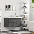 Modern Bathroom Interior With Wall Mounted Vanity Mirror White Shelves And Green Plant