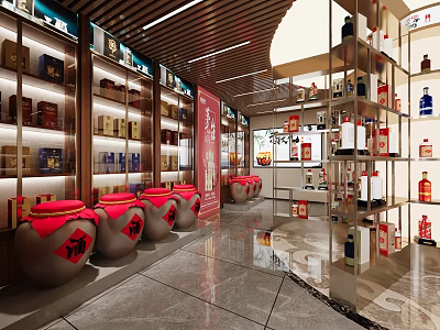 Modern Tobacco And Liquor Store Interior With Red Jars Fu Symbols Wooden Shelves And Products 3d model