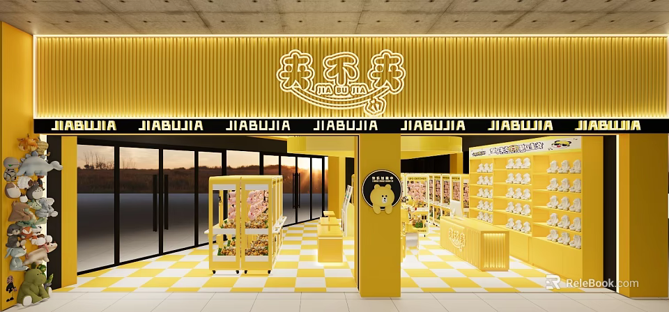 JIABUJIA Claw Machine Store With Yellow Interior Modern Design And Stuffed Toys 3d model 