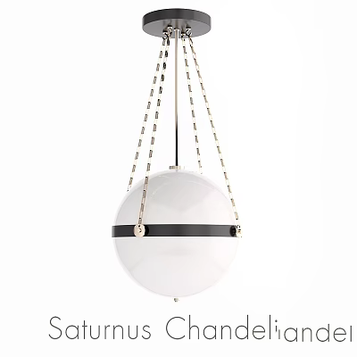 Modern White Spherical Pendant Light Design With Black Horizontal Band And Gold Chains 3d model