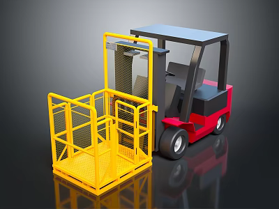 Red Black Industrial Forklift With Yellow Safety Cage And Platform 3d model