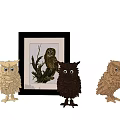 Owl Themed Decorative Ornaments Set with Framed Painting and Wooden Figurines