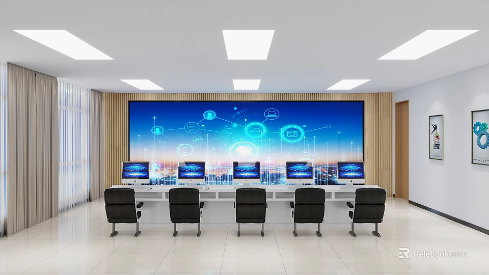 Modern Conference Room Interior With Large Digital Screen Tech Patterns And Computer Monitors 3d model 