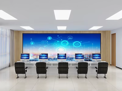 Modern Conference Room Interior With Large Digital Screen Tech Patterns And Computer Monitors 3d model