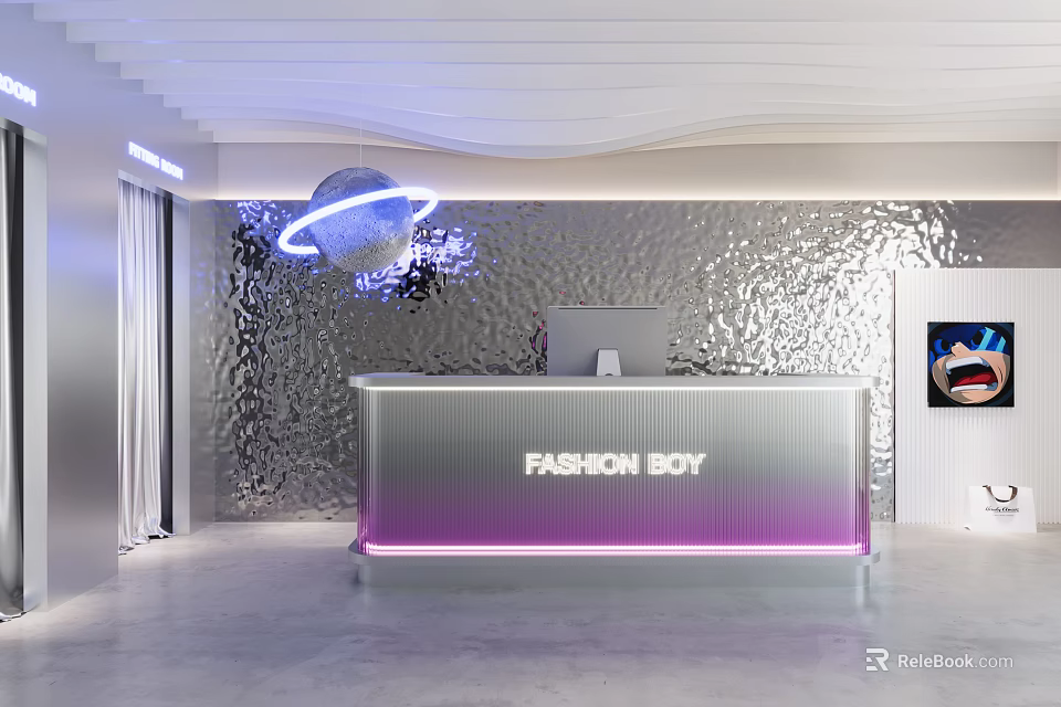 Modern Fashion Storefront Reception Desk with Silver Wave Wall Purple Lighting and Circular Pendant Light 3d model 