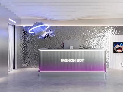 Modern Fashion Storefront Reception Desk with Silver Wave Wall Purple Lighting and Circular Pendant Light 3d model