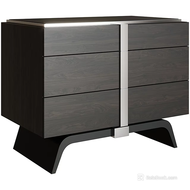 Dark Modern Wooden Nightstand with Drawers and Sleek Metal Accents on Angled Black Legs 3d model 