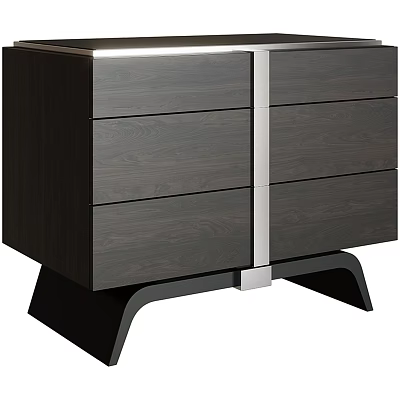 Dark Modern Wooden Nightstand with Drawers and Sleek Metal Accents on Angled Black Legs 3d model