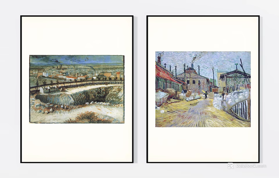 Two Scenic Landscape Paintings Featuring Bridge River Village Factory Chimneys Street And Figures 3d model 