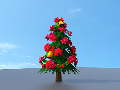 Christmas Tree With Green Branches Red Pink Flowers Yellow Bells Red Bows Against Blue Sky 3d model