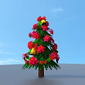Christmas Tree With Green Branches Red Pink Flowers Yellow Bells Red Bows Against Blue Sky
