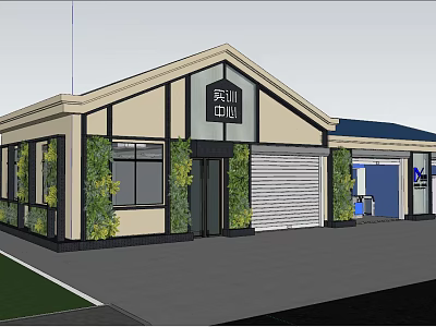 Coffee Shop Building Exterior Featuring Beige Walls Black Frames Vertical Greenery And Sloped Roof 3d model