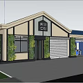 Coffee Shop Building Exterior Featuring Beige Walls Black Frames Vertical Greenery And Sloped Roof